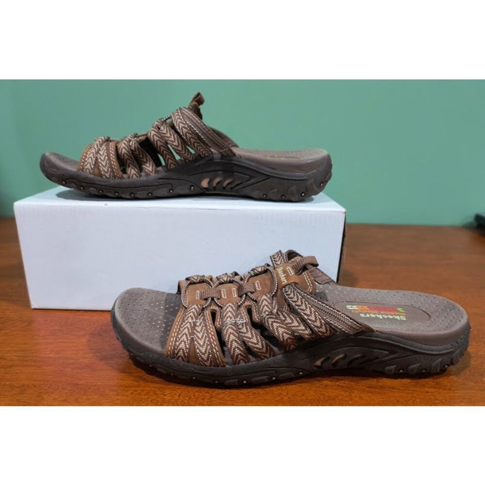 Skechers Brown Leather and Textile Comfort Slides - Women's Size 7‎